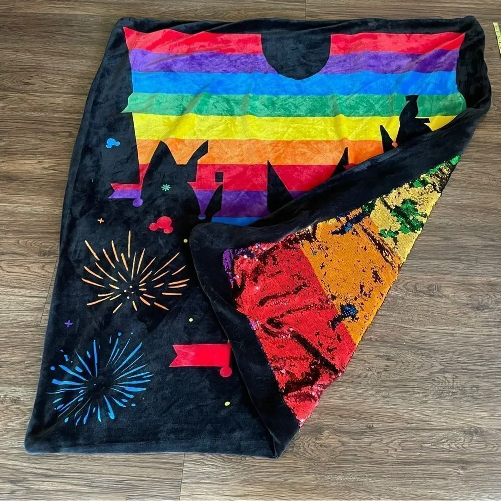 Disney Mickey Rainbow and Castle Sequin Plush Throw 48” x 56” Black and Rainbow
